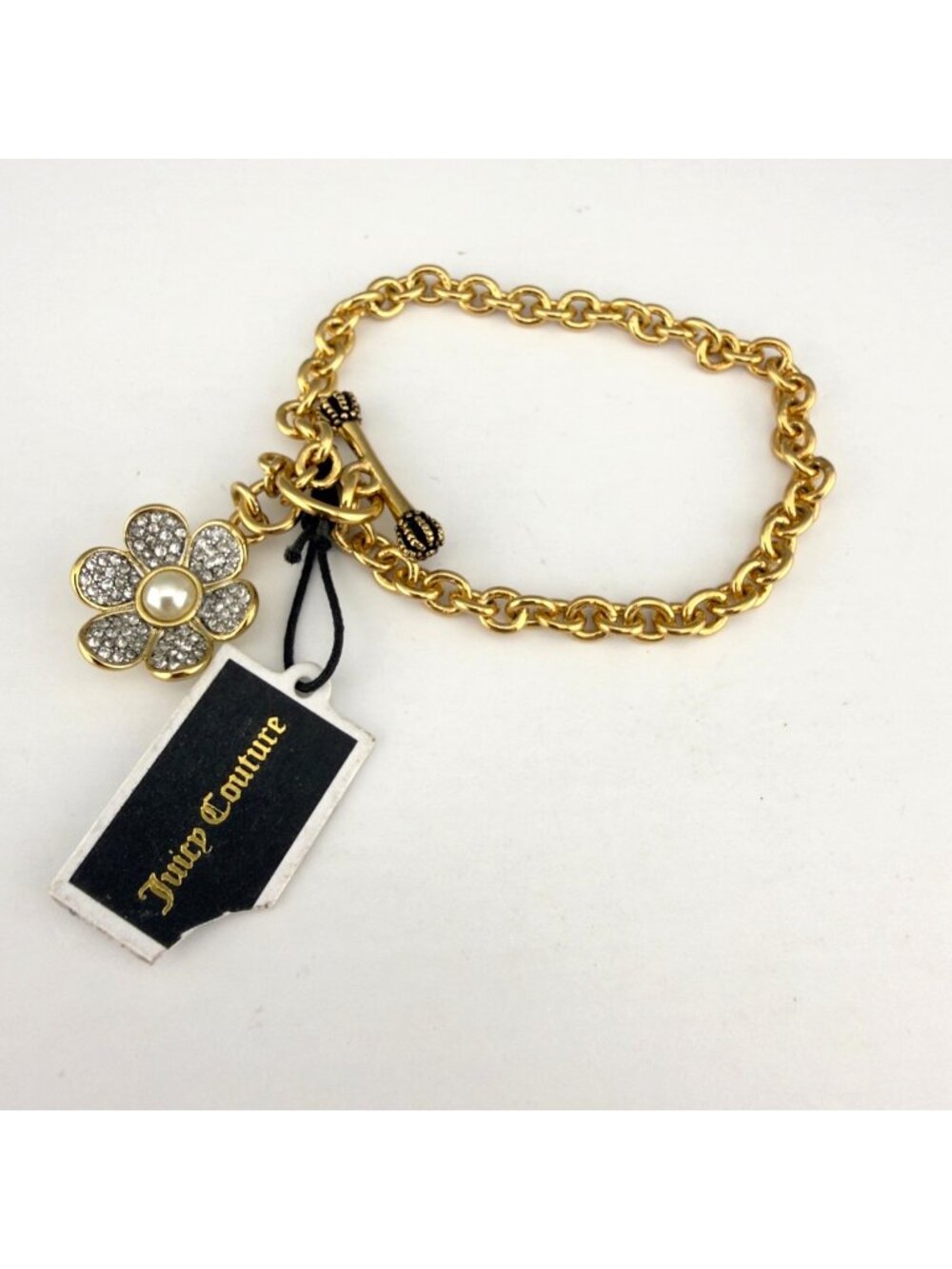 Juicy Couture Gold Tone Pave Crystal Flower Charm Bracelet
